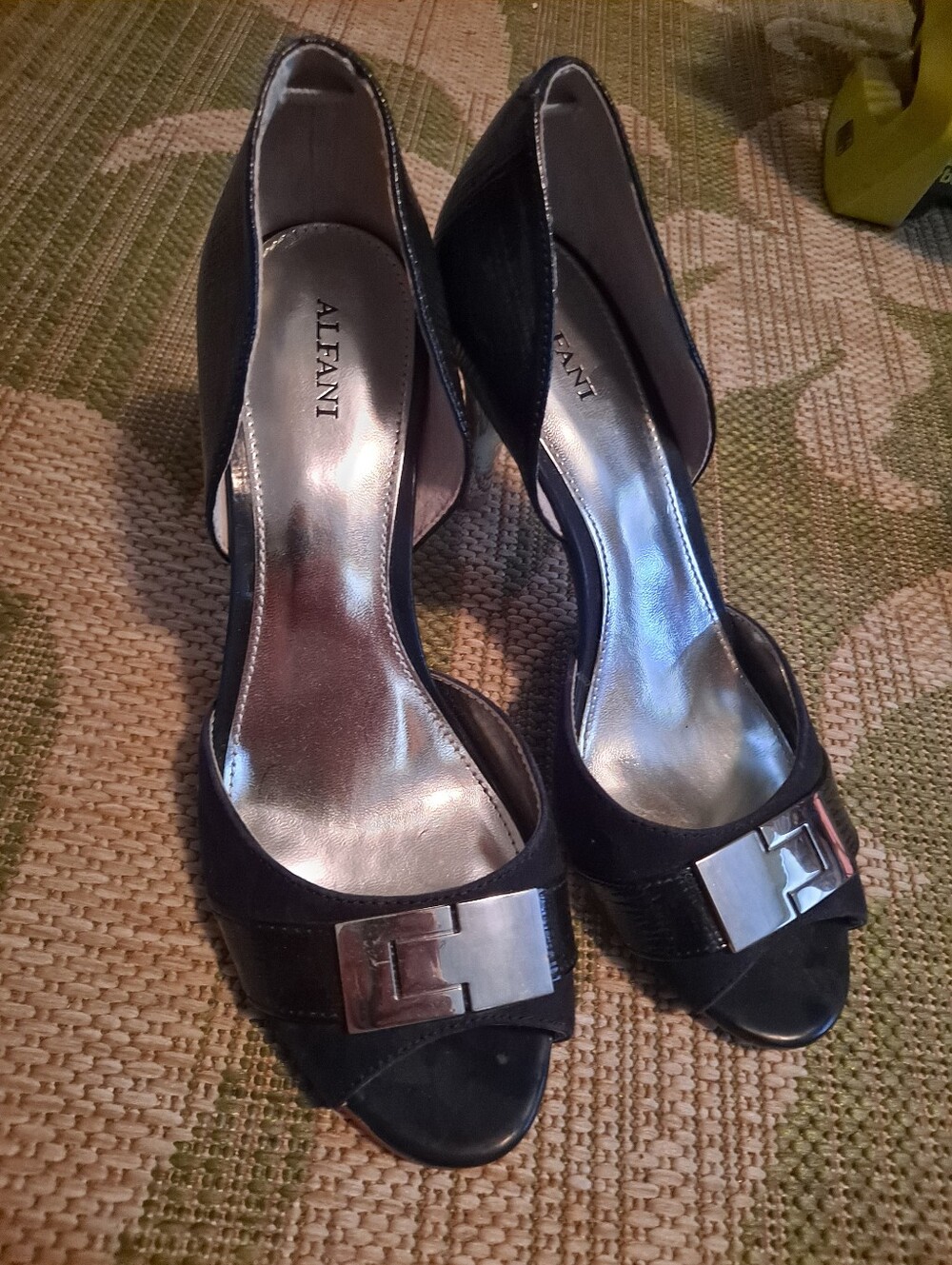 Alfani Black Peep-Toe Heels with Silver Buckle